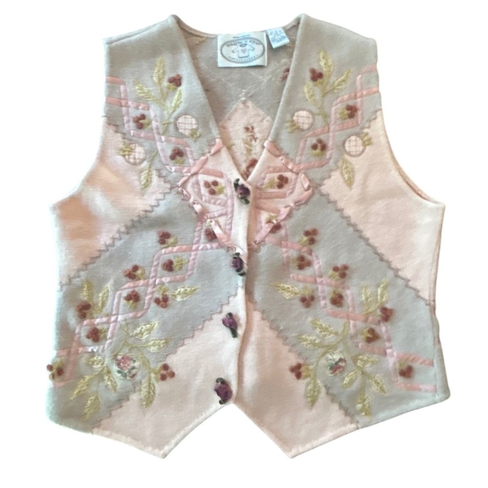 Vintage 90s Eagle's Eye Wool Sweater Vest XL Embroidered Patchwork‎ Cottagecore